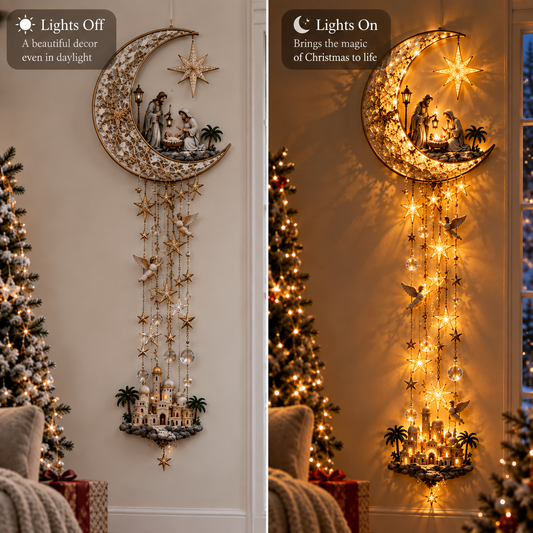 Festive Christmas Nativity Set Decoration with Illuminated Moon and Cascading Stars