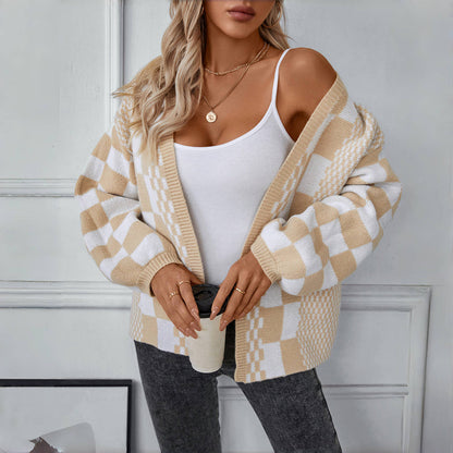Cosette | Women’s Comfort Checkered Open Front Cardigan