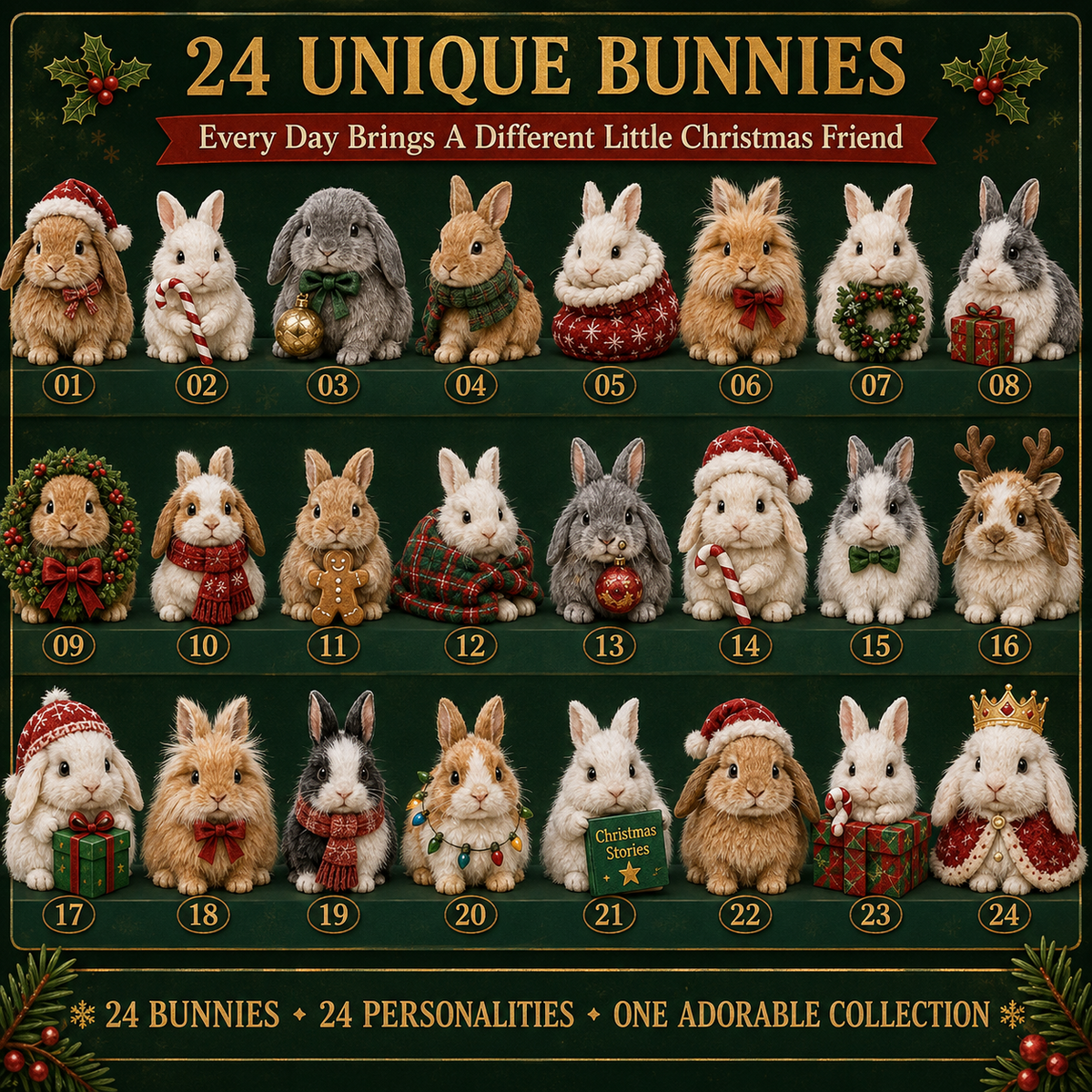 24-Day Christmas Advent Calendar Collectible Bunny Figurines