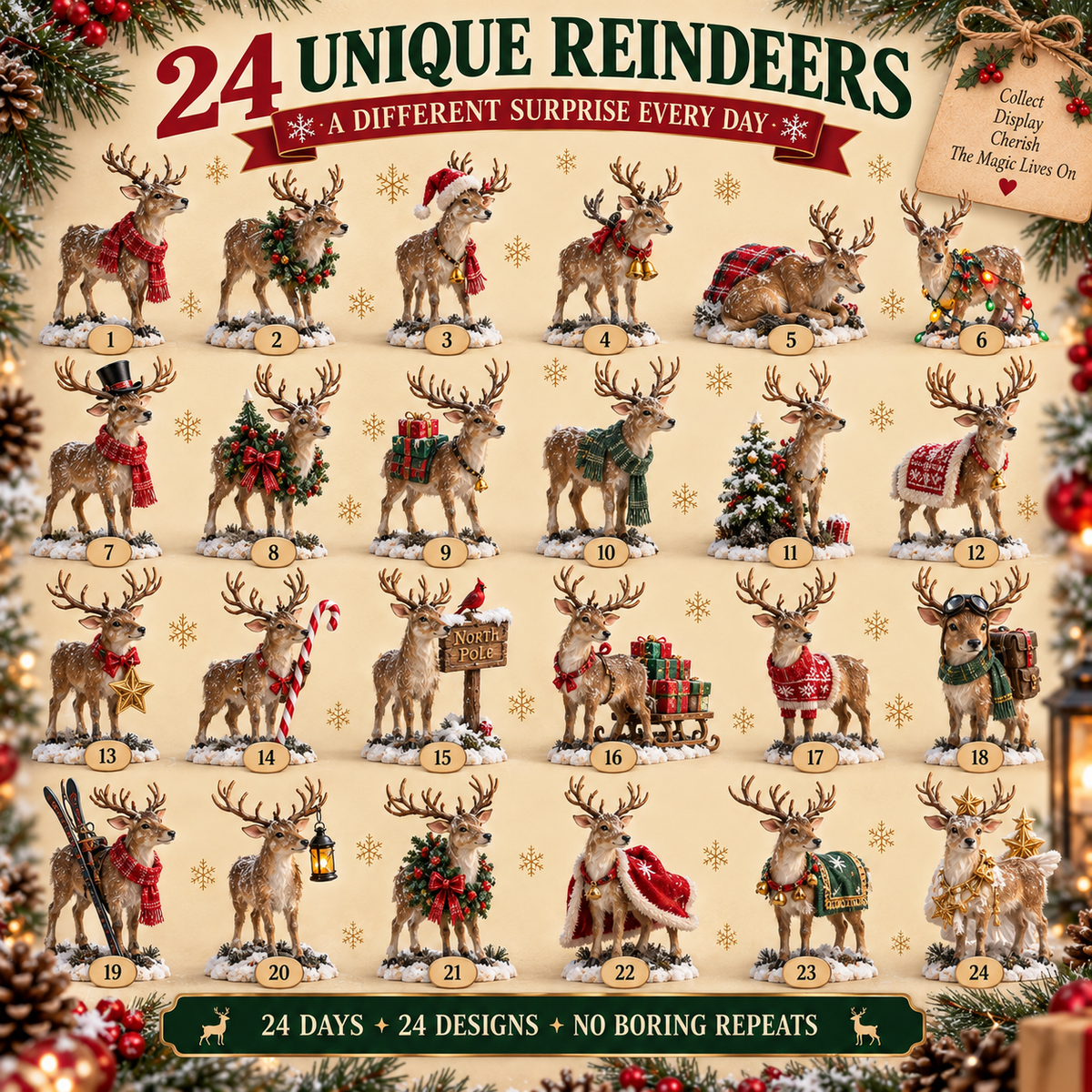 24-Day Christmas Advent Calendar Festive Reindeer Collectibles Set