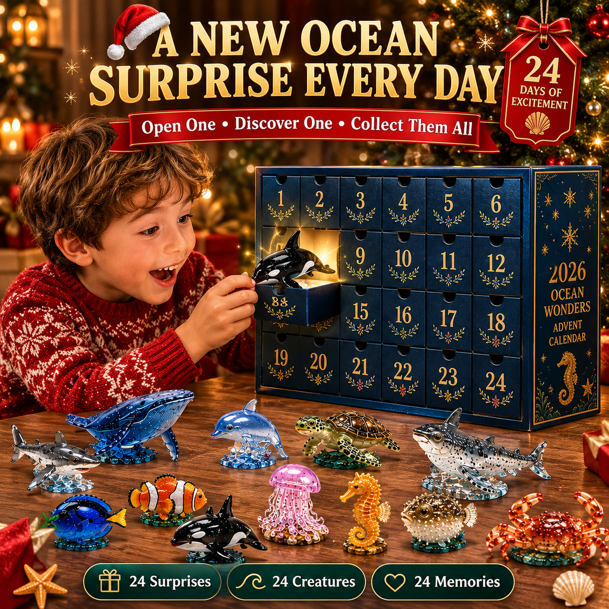 24-Day Christmas Advent Calendar Ocean Creatures Collectible Set
