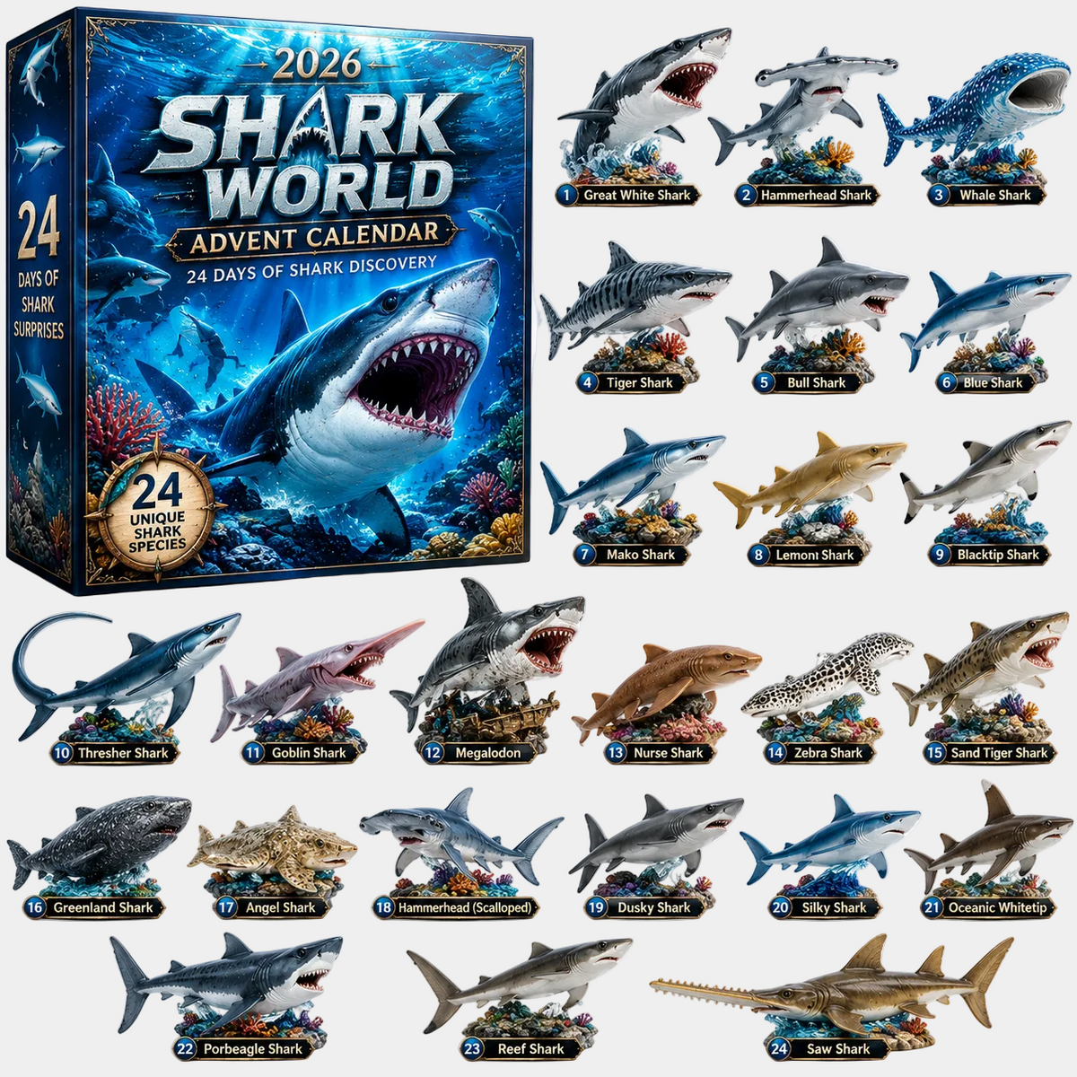 24-Day Christmas Advent Calendar Shark World Collectible Set