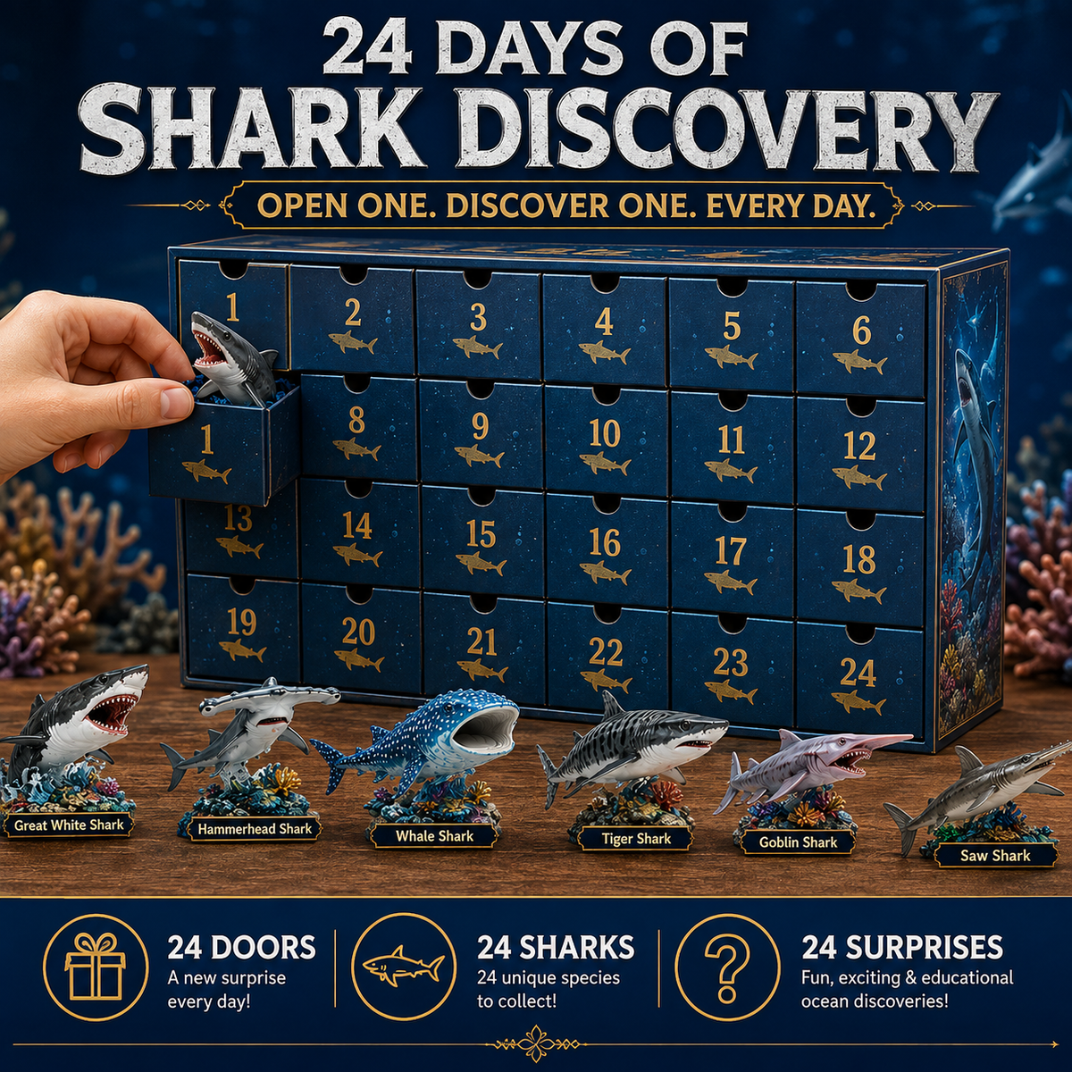 24-Day Christmas Advent Calendar Shark World Collectible Set