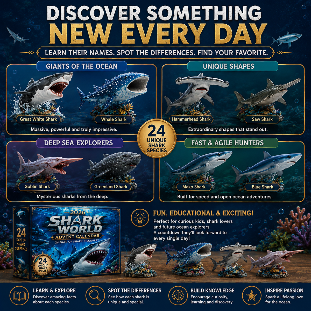 24-Day Christmas Advent Calendar Shark World Collectible Set