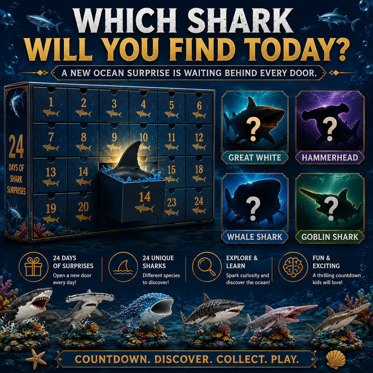 24-Day Christmas Advent Calendar Shark World Collectible Set