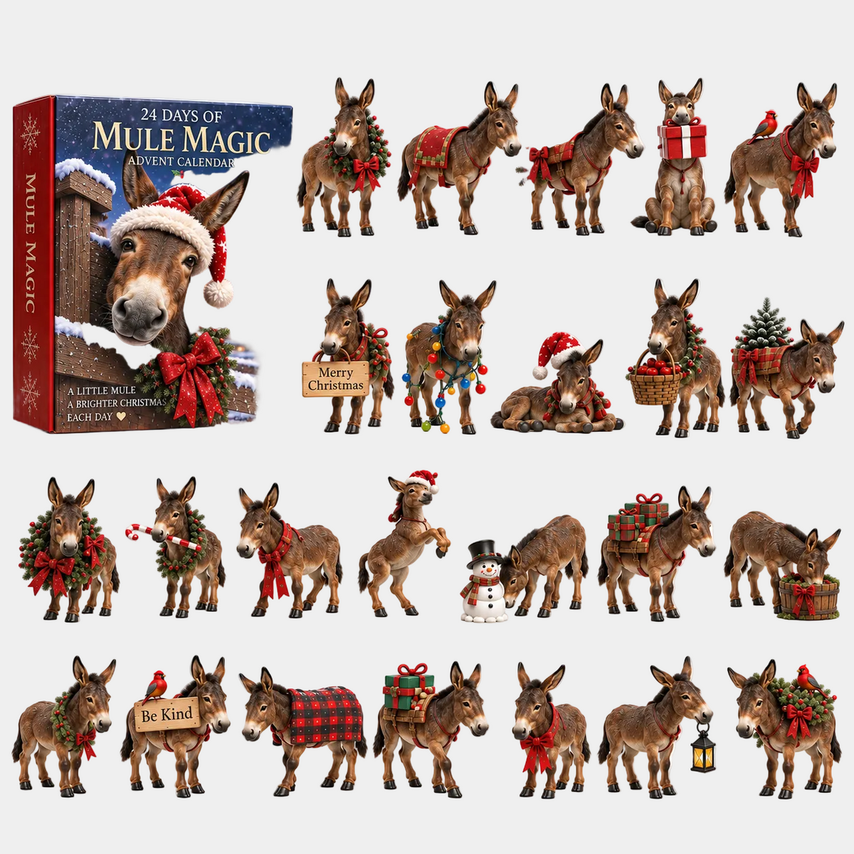 24-Day Christmas Advent Calendar with Festive Mule Figurines