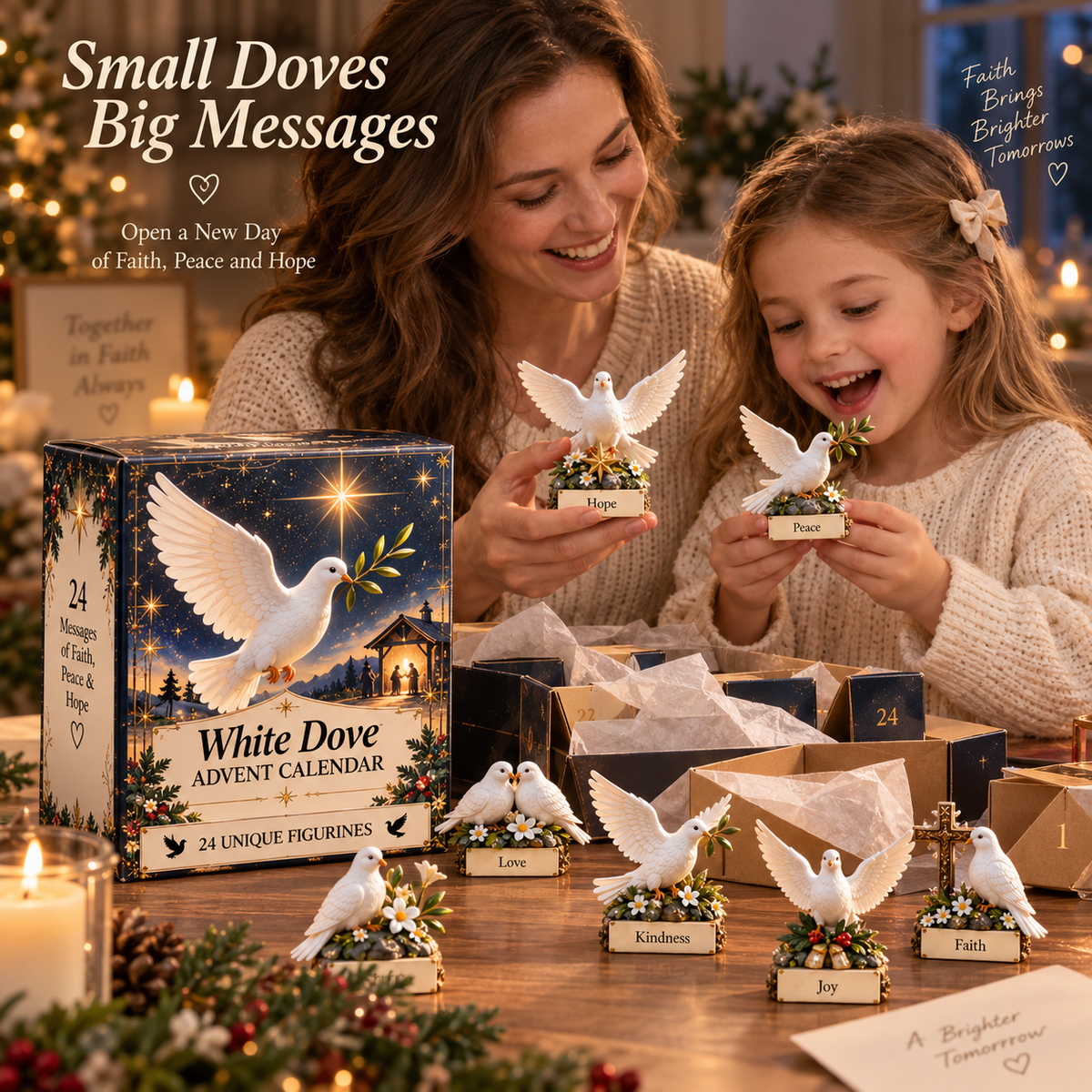 24-Day Christmas Advent Calendar with White Dove Figurines