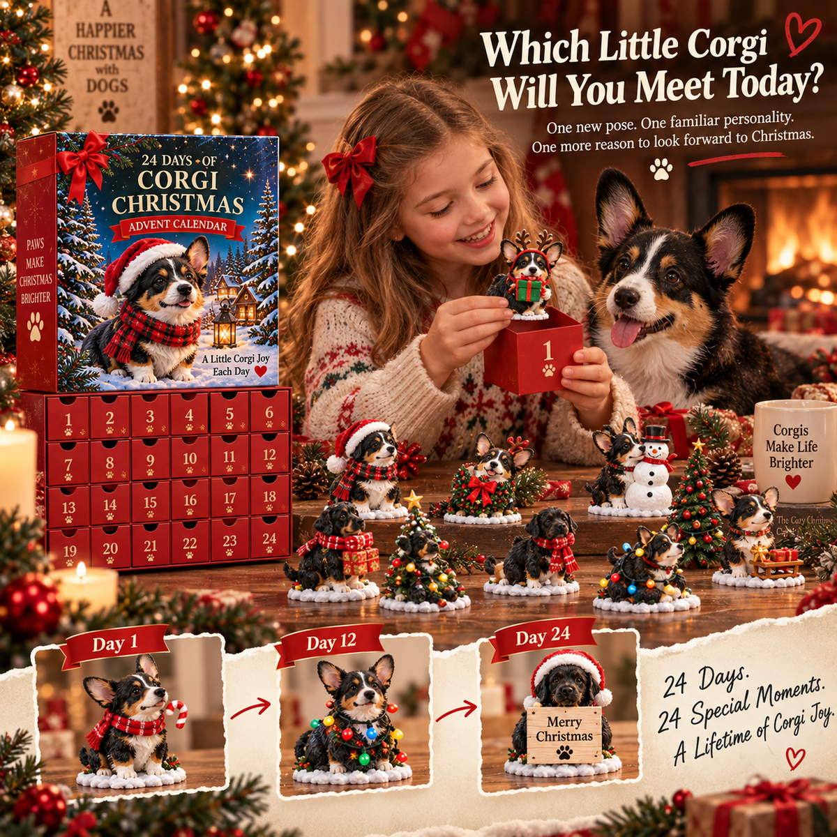 24-Day Dog Christmas Advent Calendar with 24 Collectible Festive Figurines