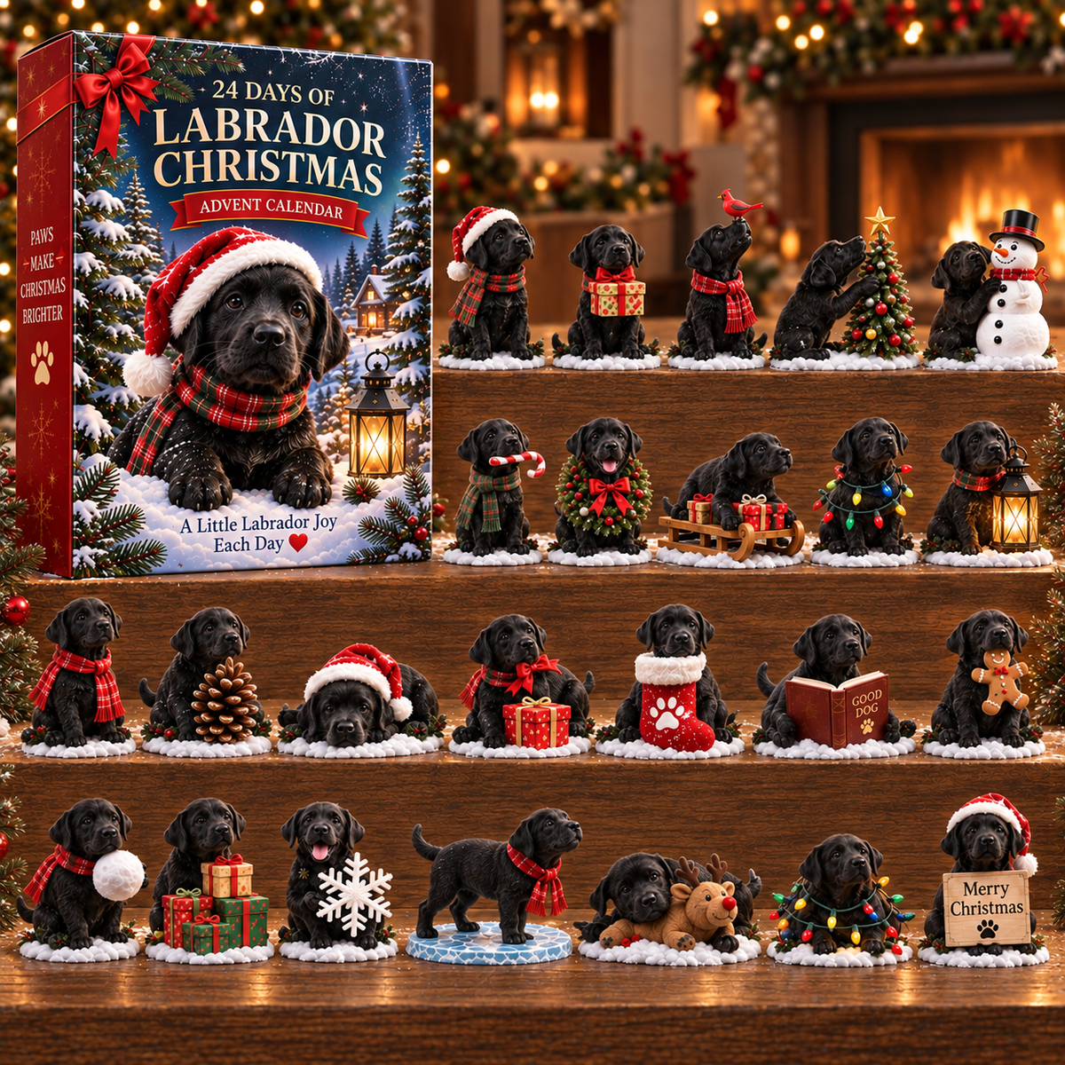 24-Day Dog Christmas Advent Calendar with 24 Festive Black Labrador Figurines