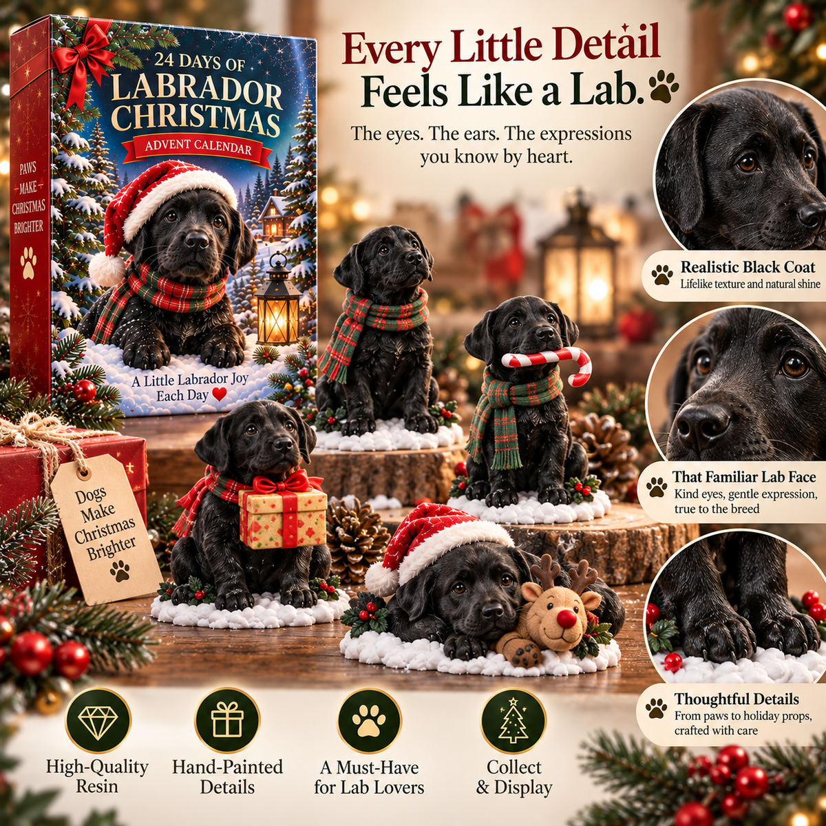 24-Day Dog Christmas Advent Calendar with 24 Festive Black Labrador Figurines