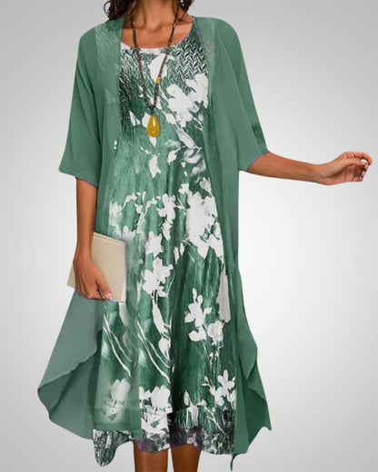Nikola | Women's Printed Boho Midi Dress With Cardigan Set