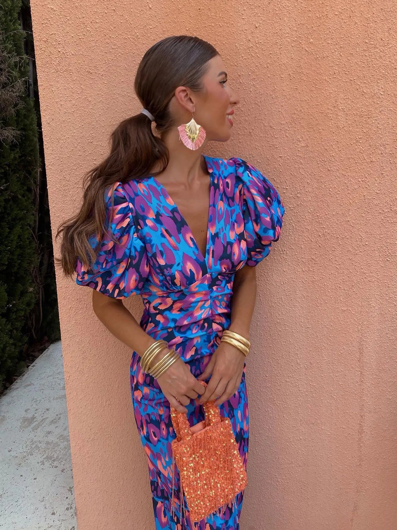 Cressida | Women Printed Midi Dress with Puff Sleeves and Tailored Waist