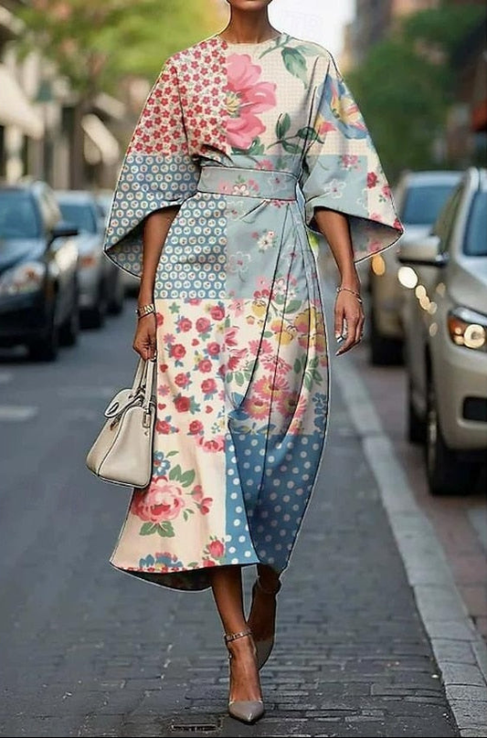 Rose | Women's Elegant Printed Midi Dress With Kimono Sleeves