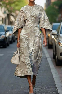 Rose | Women's Elegant Printed Midi Dress With Kimono Sleeves