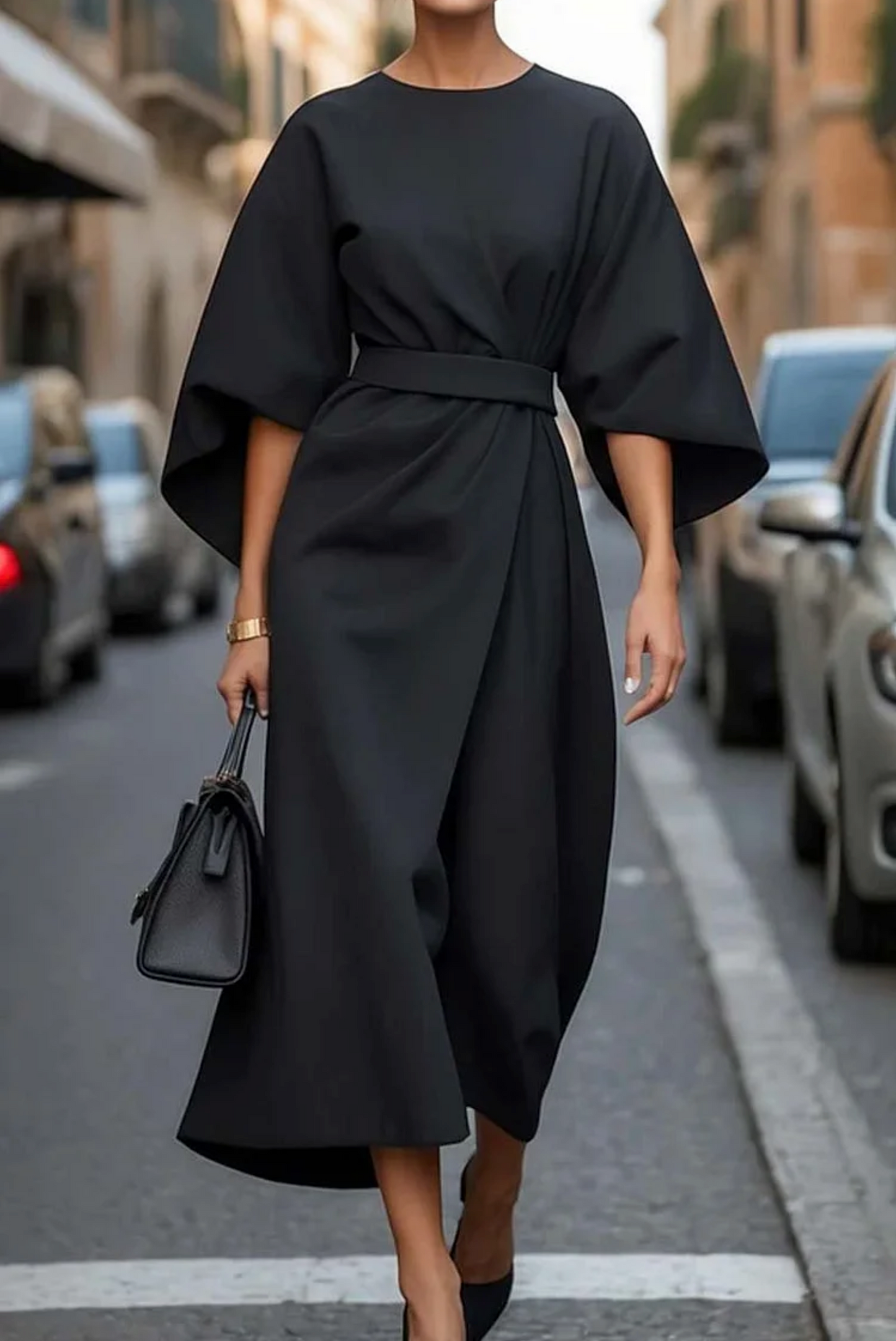 Rosalind | Women Elegant Midi Dress with Lantern Sleeves and Adjustable Waist Fit