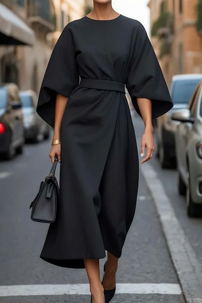 Rosalind | Women Elegant Midi Dress with Lantern Sleeves and Adjustable Waist Fit