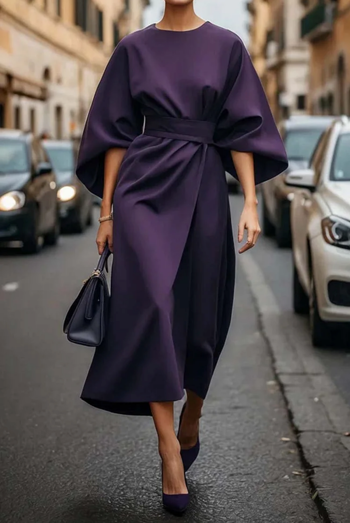 Rosalind | Women Elegant Midi Dress with Lantern Sleeves and Adjustable Waist Fit