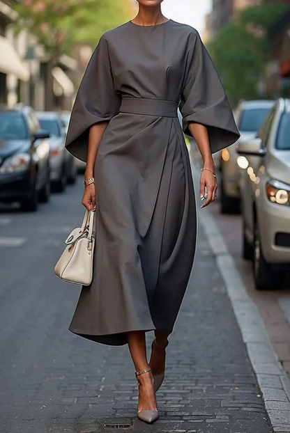 Rosalind | Women Elegant Midi Dress with Lantern Sleeves and Adjustable Waist Fit