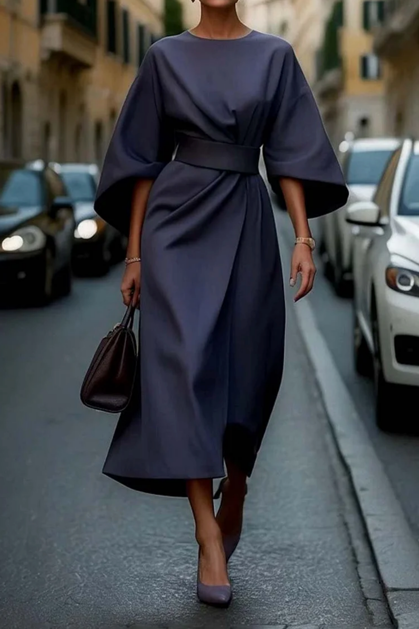 Rosalind | Women Elegant Midi Dress with Lantern Sleeves and Adjustable Waist Fit