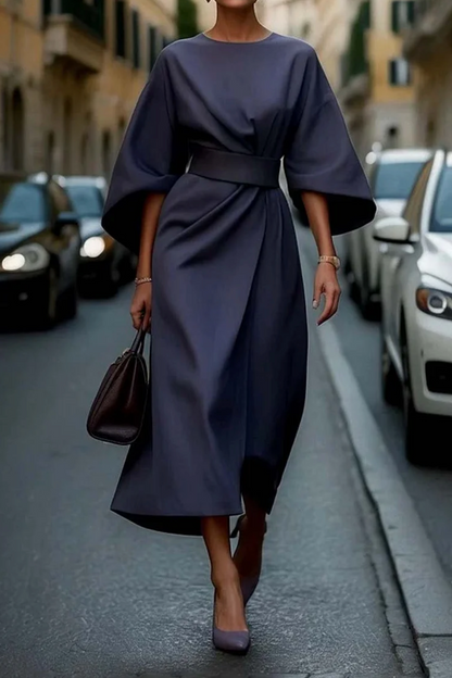 Rosalind | Women Elegant Midi Dress with Lantern Sleeves and Adjustable Waist Fit