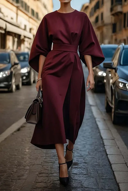 Rosalind | Women Elegant Midi Dress with Lantern Sleeves and Adjustable Waist Fit