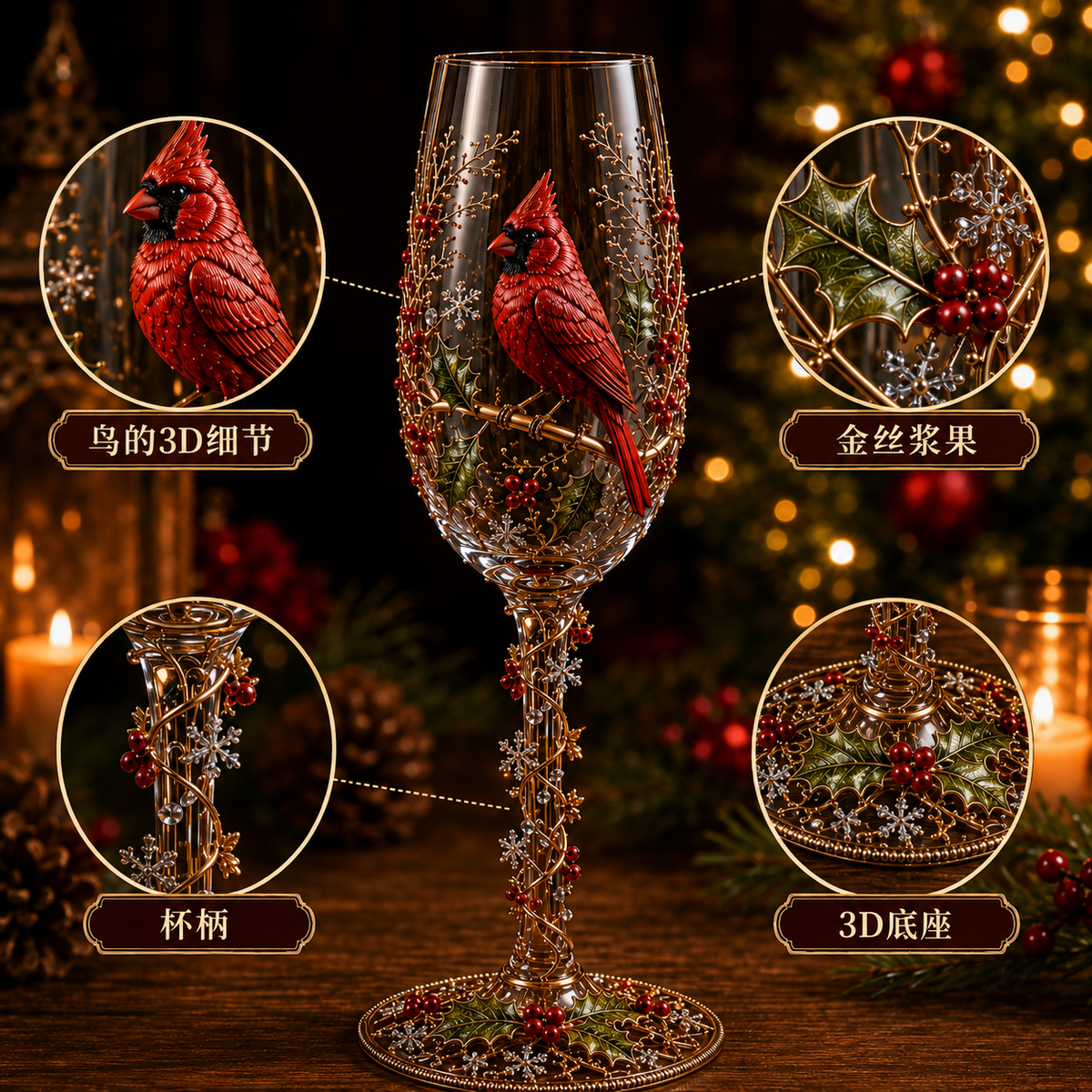 Festive Christmas Figurine Decoration Ornate Bird Champagne Glass