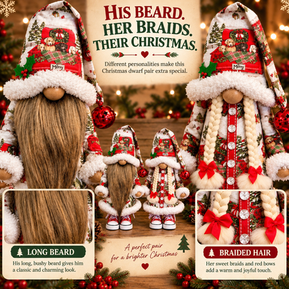 Festive Christmas Gonk Gnome Decoration Pair with Beard and Braids