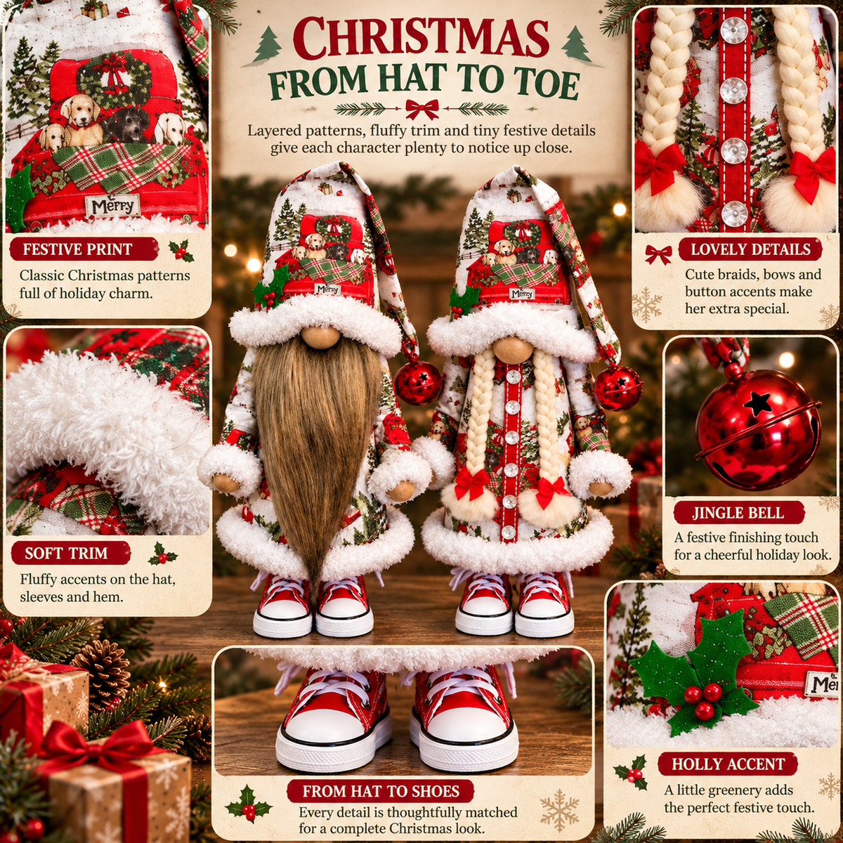 Festive Christmas Gonk Gnome Decoration Pair with Beard and Braids