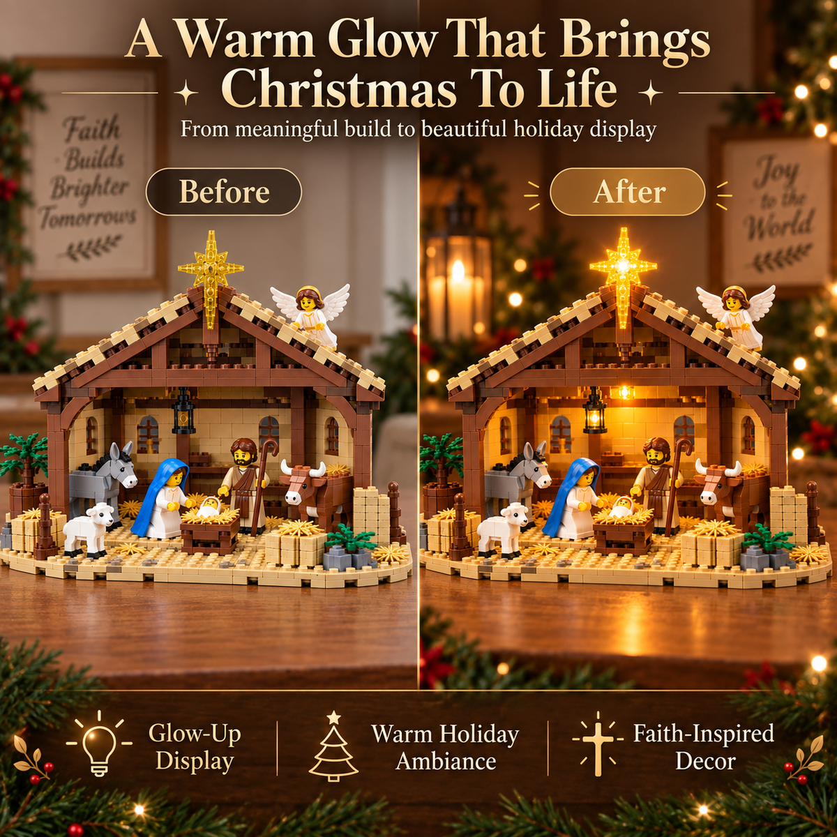 Festive Christmas Nativity Set Decoration with Illuminated Bethlehem Star