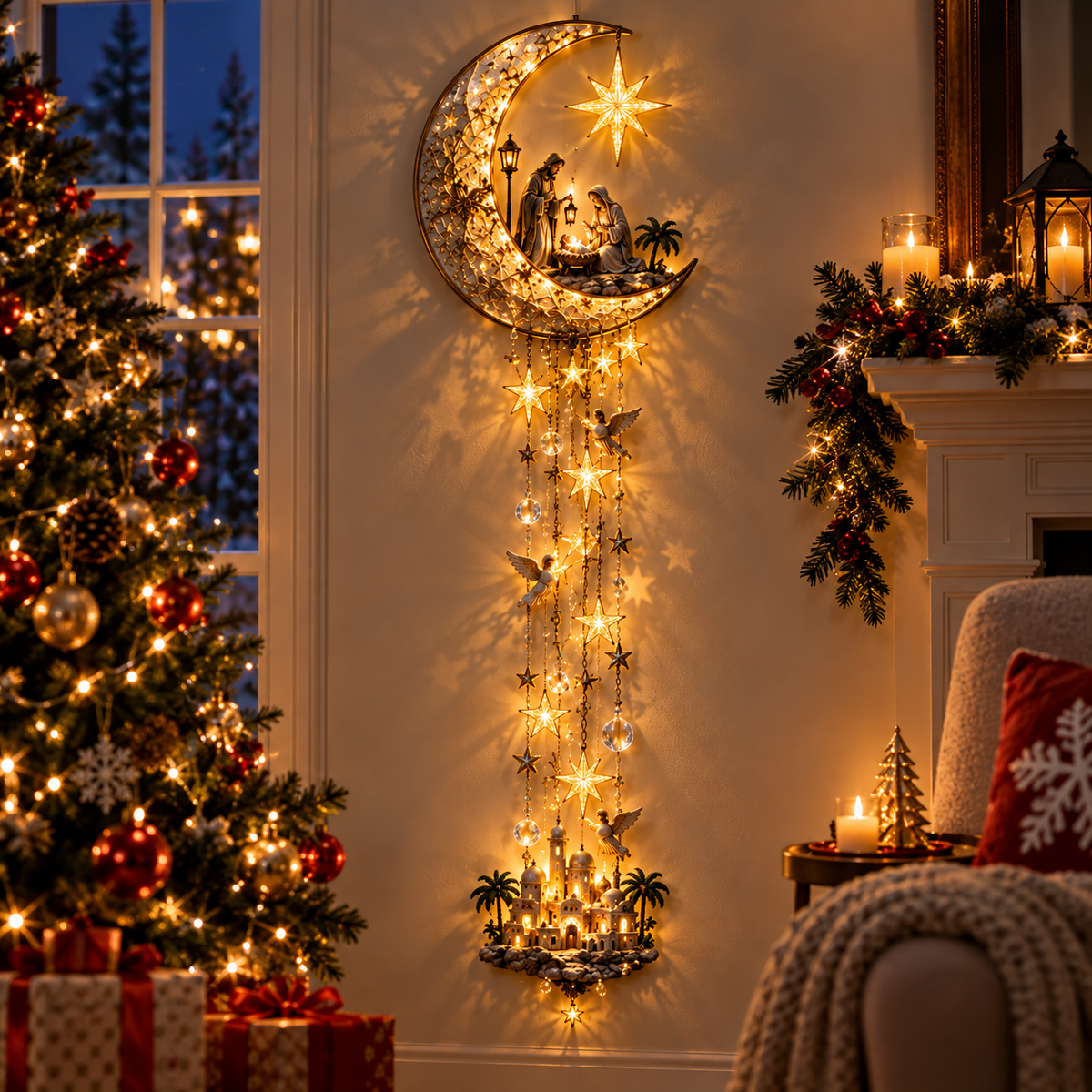 Festive Christmas Nativity Set Decoration with Illuminated Moon and Cascading Stars