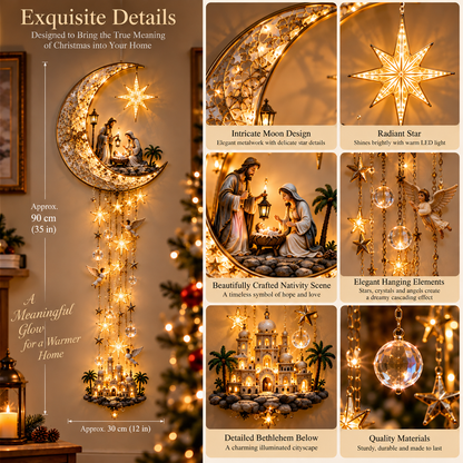 Festive Christmas Nativity Set Decoration with Illuminated Moon and Cascading Stars