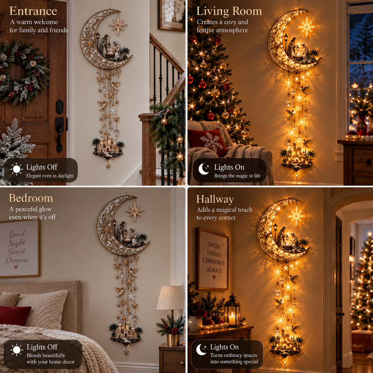 Festive Christmas Nativity Set Decoration with Illuminated Moon and Cascading Stars