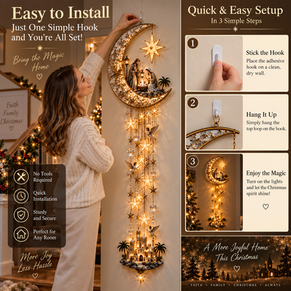 Festive Christmas Nativity Set Decoration with Illuminated Moon and Cascading Stars