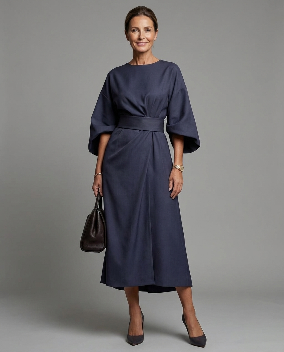 Rosalind | Women Elegant Midi Dress with Lantern Sleeves and Adjustable Waist Fit