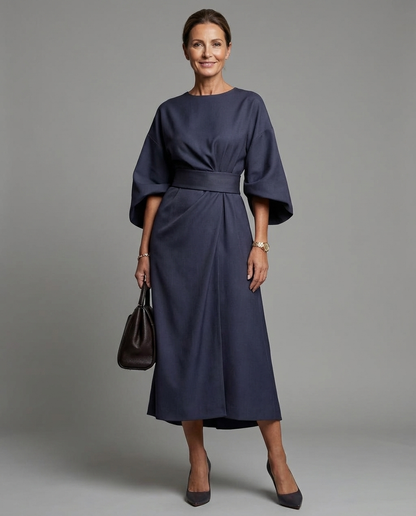 Rosalind | Women Elegant Midi Dress with Lantern Sleeves and Adjustable Waist Fit