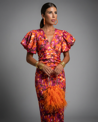 Grace | Women Printed Midi Dress with Puff Sleeves and Tailored Waist