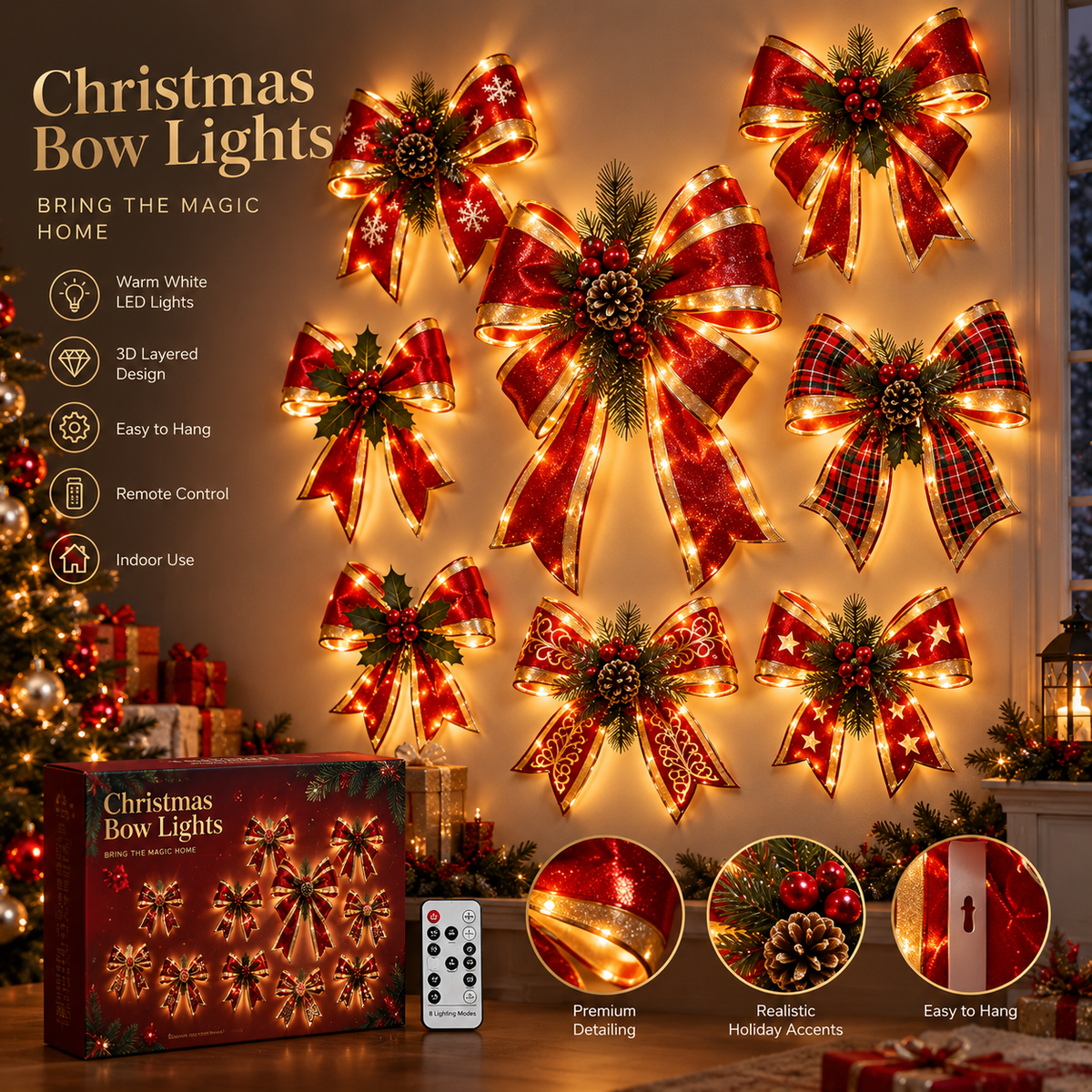 LED Christmas Wall Hanging Decoration Red Bow with Warm Lights