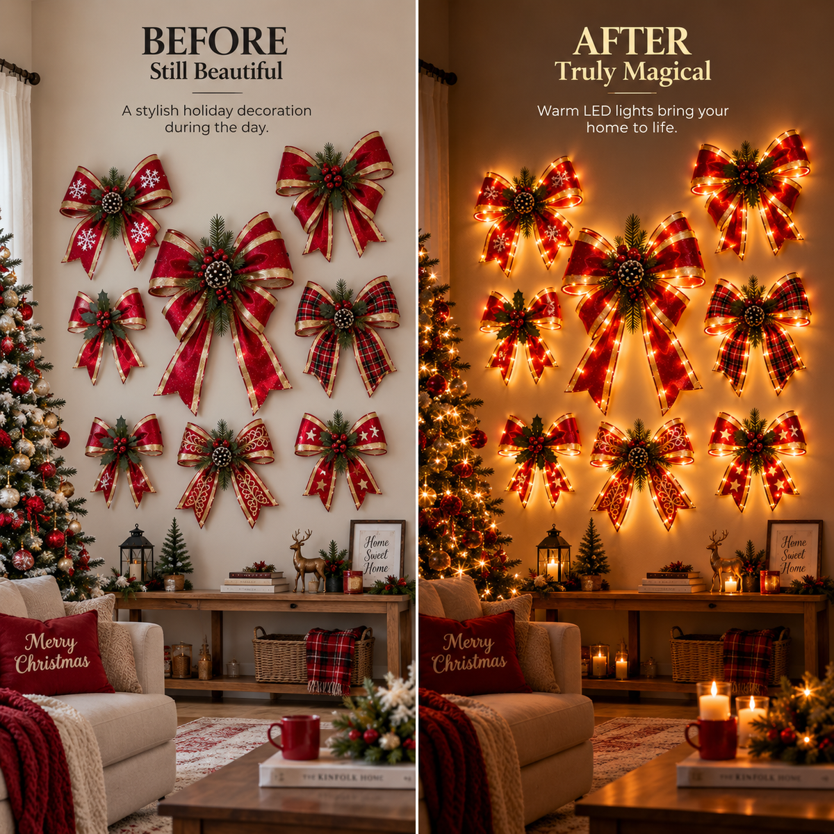 LED Christmas Wall Hanging Decoration Red Bow with Warm Lights