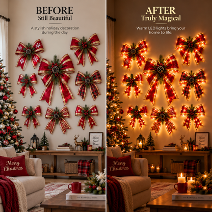 LED Christmas Wall Hanging Decoration Red Bow with Warm Lights