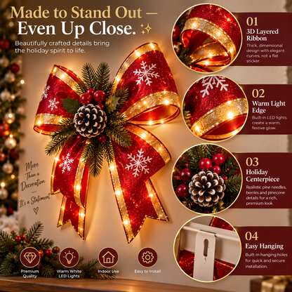 LED Christmas Wall Hanging Decoration Red Bow with Warm Lights