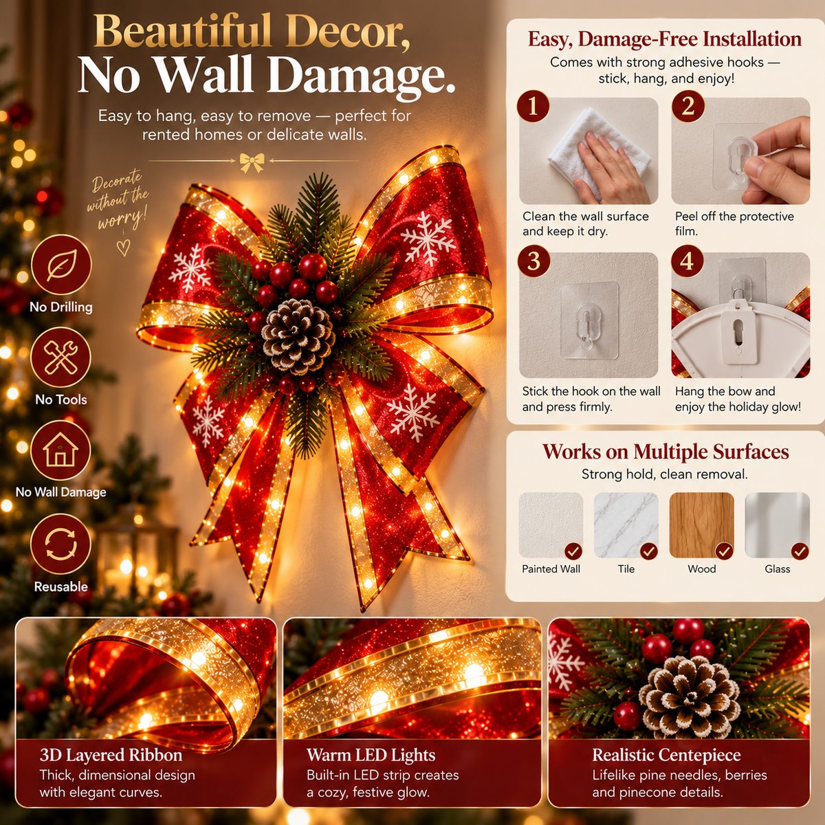 LED Christmas Wall Hanging Decoration Red Bow with Warm Lights