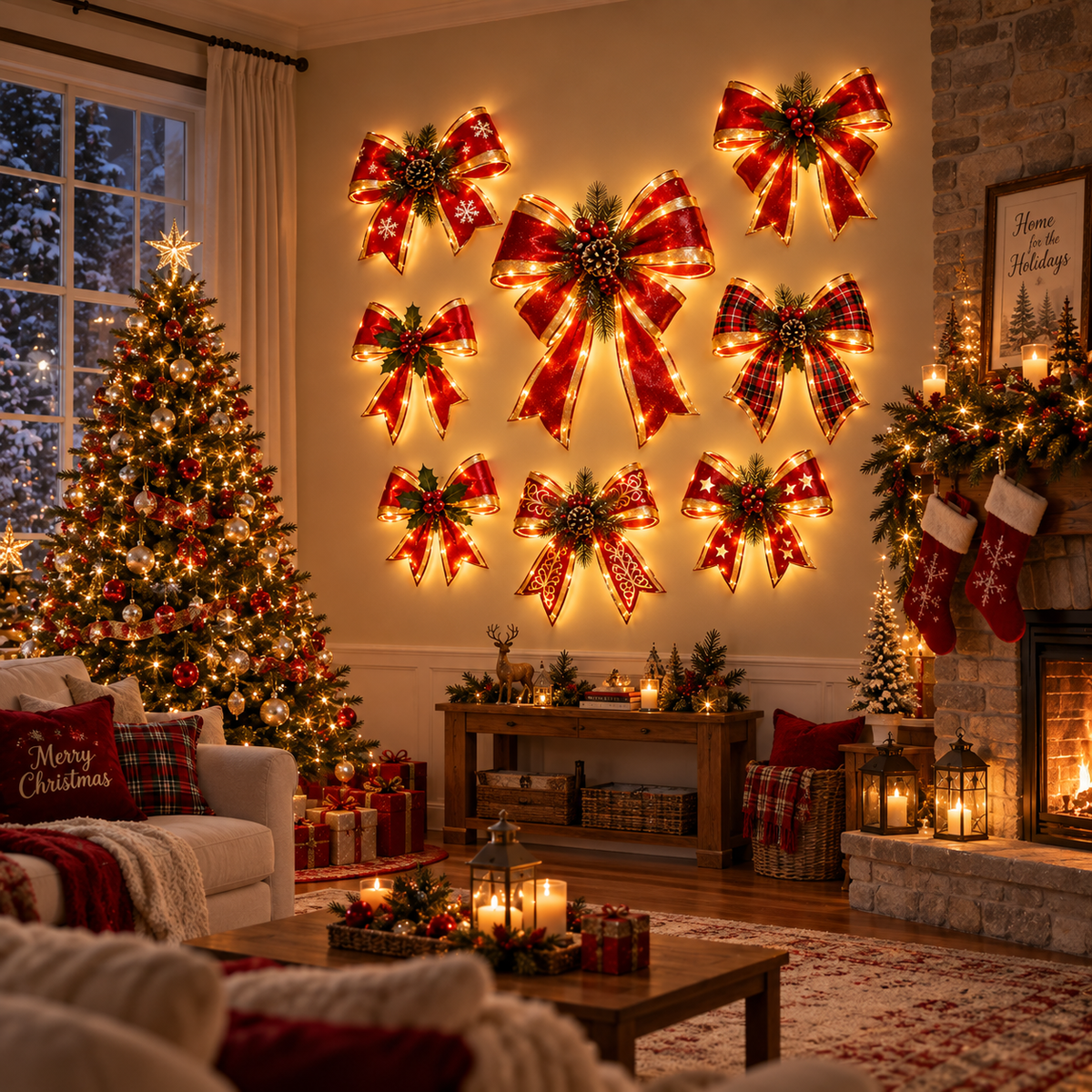 LED Christmas Wall Hanging Decoration Red Bow with Warm Lights