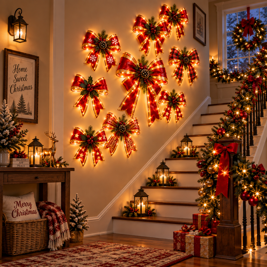 LED Christmas Wall Hanging Decoration Red Bow with Warm Lights