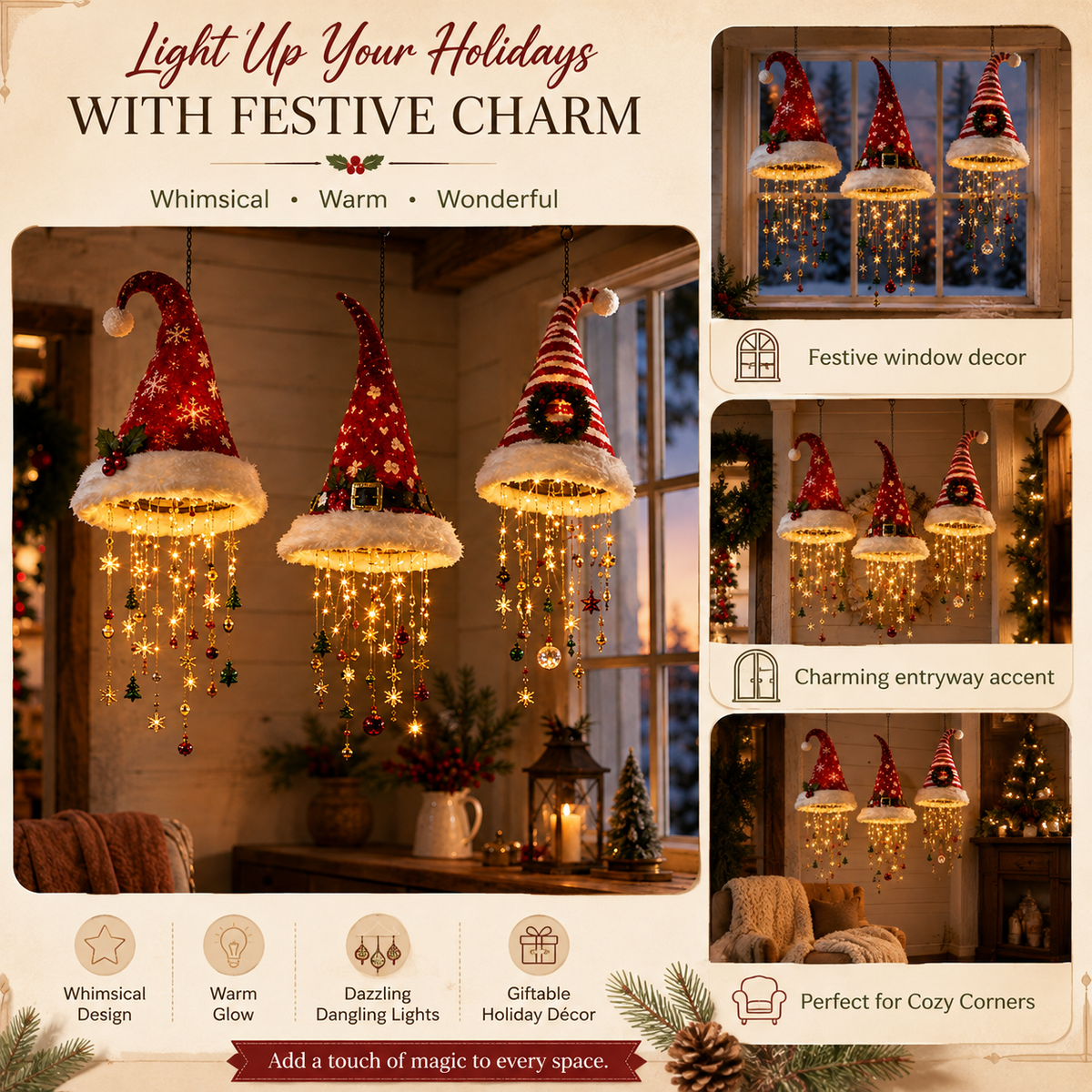 LED Christmas Wall Hanging Decoration with Festive Santa Hat