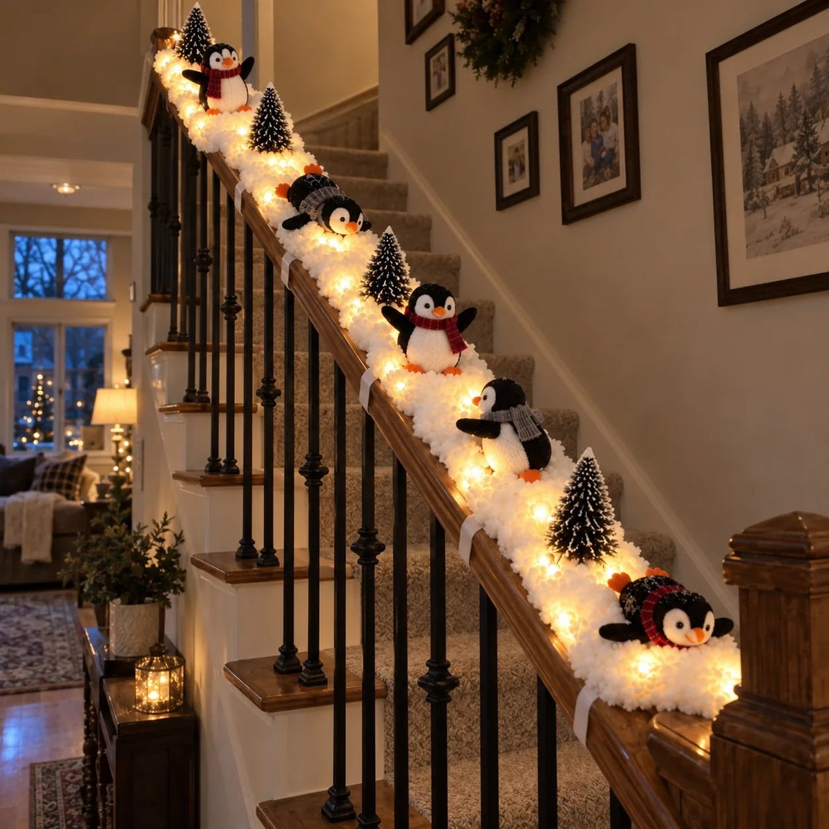 LED Christmas Wall Hanging Decoration with Playful Penguin Figures